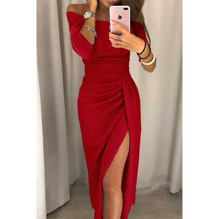 Veerle | Dames Off-Shoulder Jurk | Flatterende Pasvorm & Split