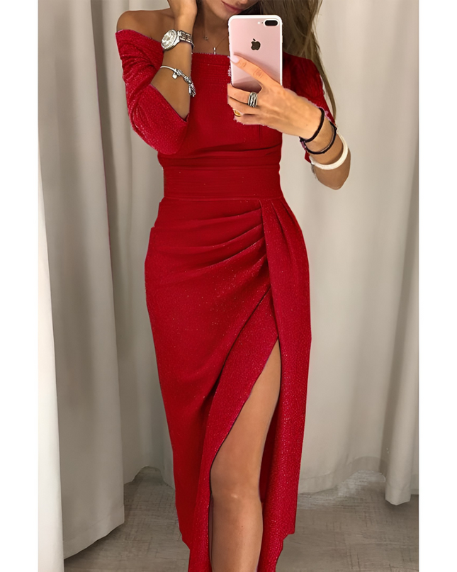 Veerle | Dames Off-Shoulder Jurk | Flatterende Pasvorm & Split