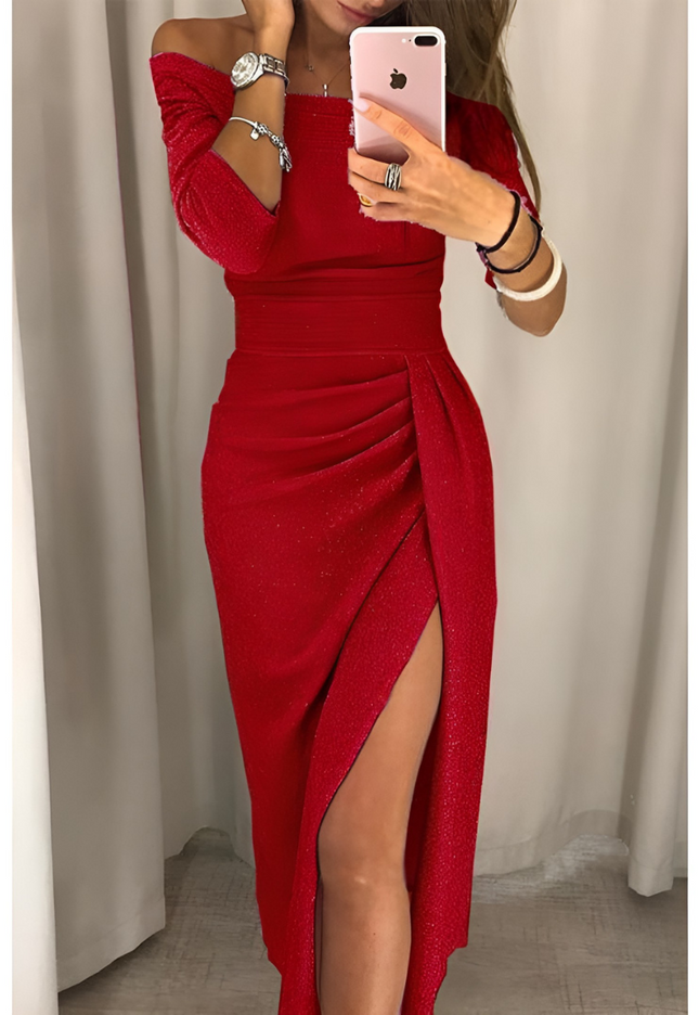 Veerle | Dames Off-Shoulder Jurk | Flatterende Pasvorm & Split
