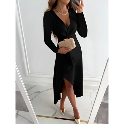 Zilke | Dames Midi Jurk | Asymmetrische Silhouette met V-Hals