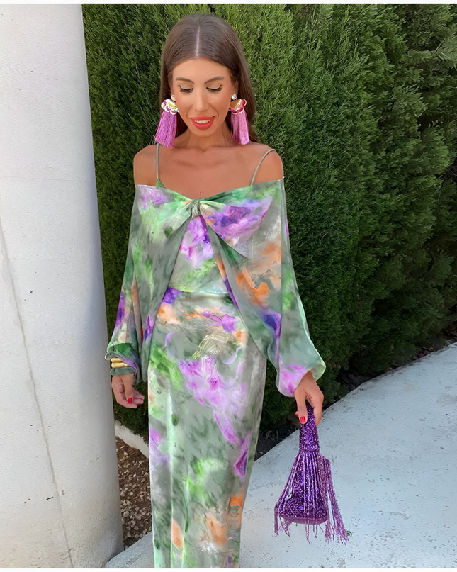 Hesper | Dames Maxi Jurk | Kleurrijke Halo-Print met Afneembare Sjaal