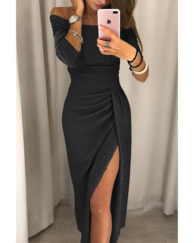 Veerle | Dames Off-Shoulder Jurk | Flatterende Pasvorm & Split