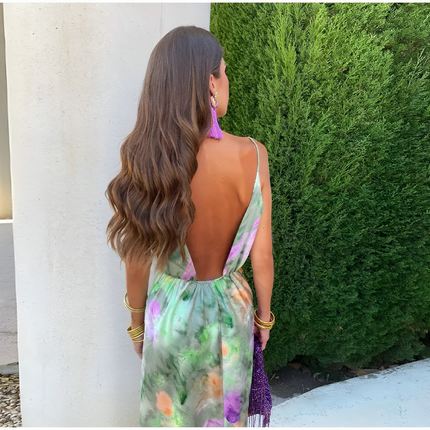 Hesper | Dames Maxi Jurk | Kleurrijke Halo-Print met Afneembare Sjaal
