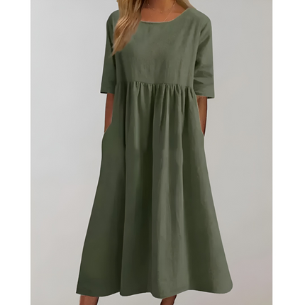 Dafne | Dames Zomerjurk | Gerafte Taille & Zijzakken