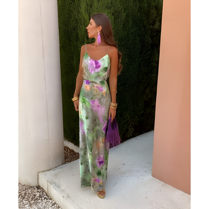 Hesper | Dames Maxi Jurk | Kleurrijke Halo-Print met Afneembare Sjaal