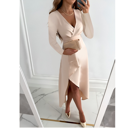 Zilke | Dames Midi Jurk | Asymmetrische Silhouette met V-Hals