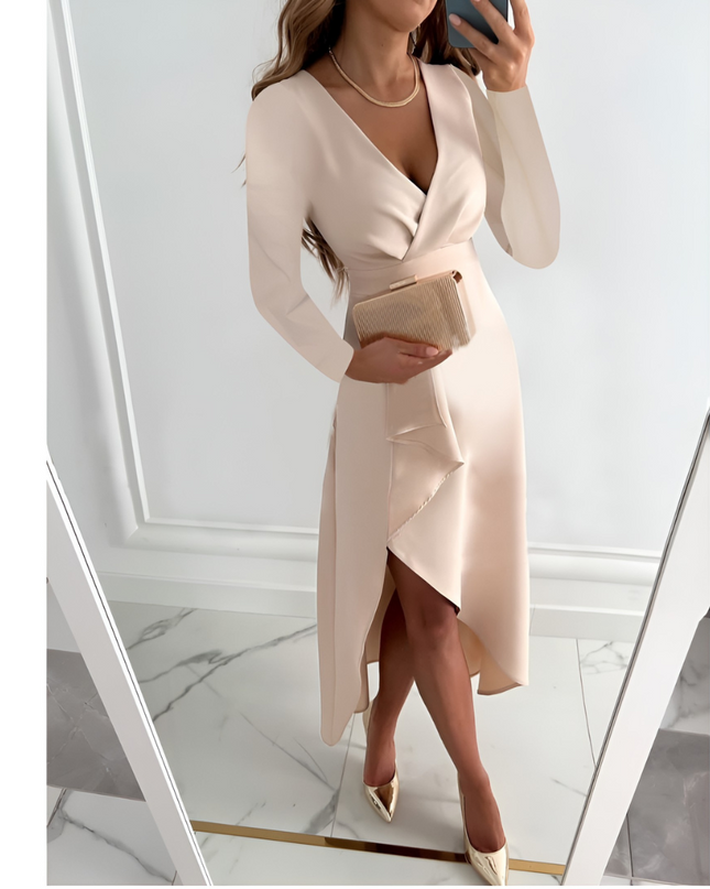 Zilke | Dames Midi Jurk | Asymmetrische Silhouette met V-Hals