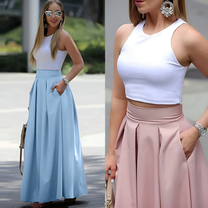 Fara | Dames Maxi Rok | Hoog Taille Plissé A-lijn voor Lente