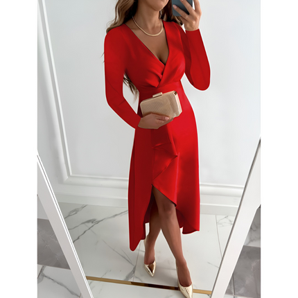 Zilke | Dames Midi Jurk | Asymmetrische Silhouette met V-Hals