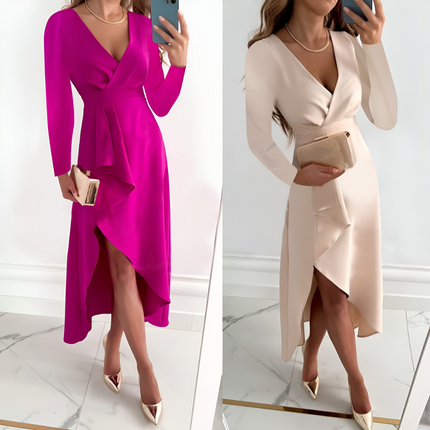 Zilke | Dames Midi Jurk | Asymmetrische Silhouette met V-Hals