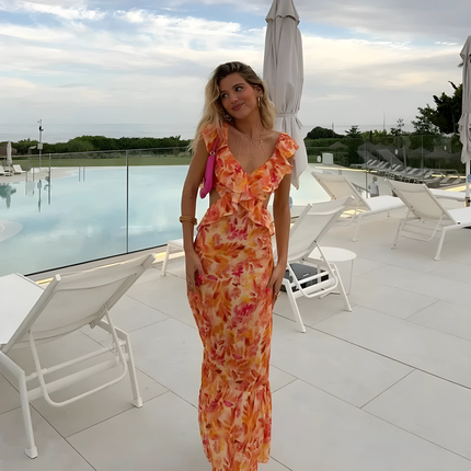 Pia | Dames Maxi Jurk | Met Ruches V-hals