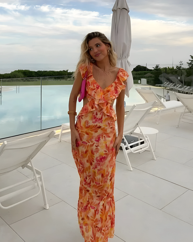 Pia | Dames Maxi Jurk | Met Ruches V-hals